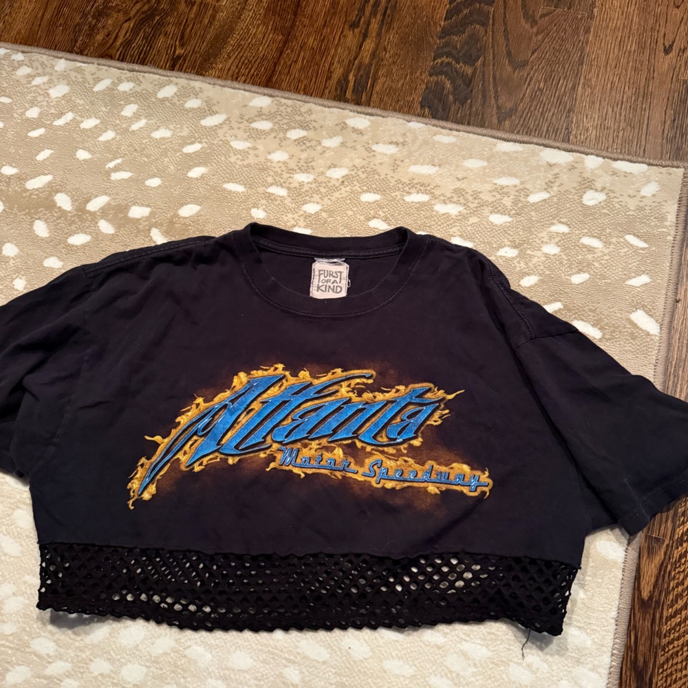 First of a kind Black Graphic Crop Top with Mesh Hem